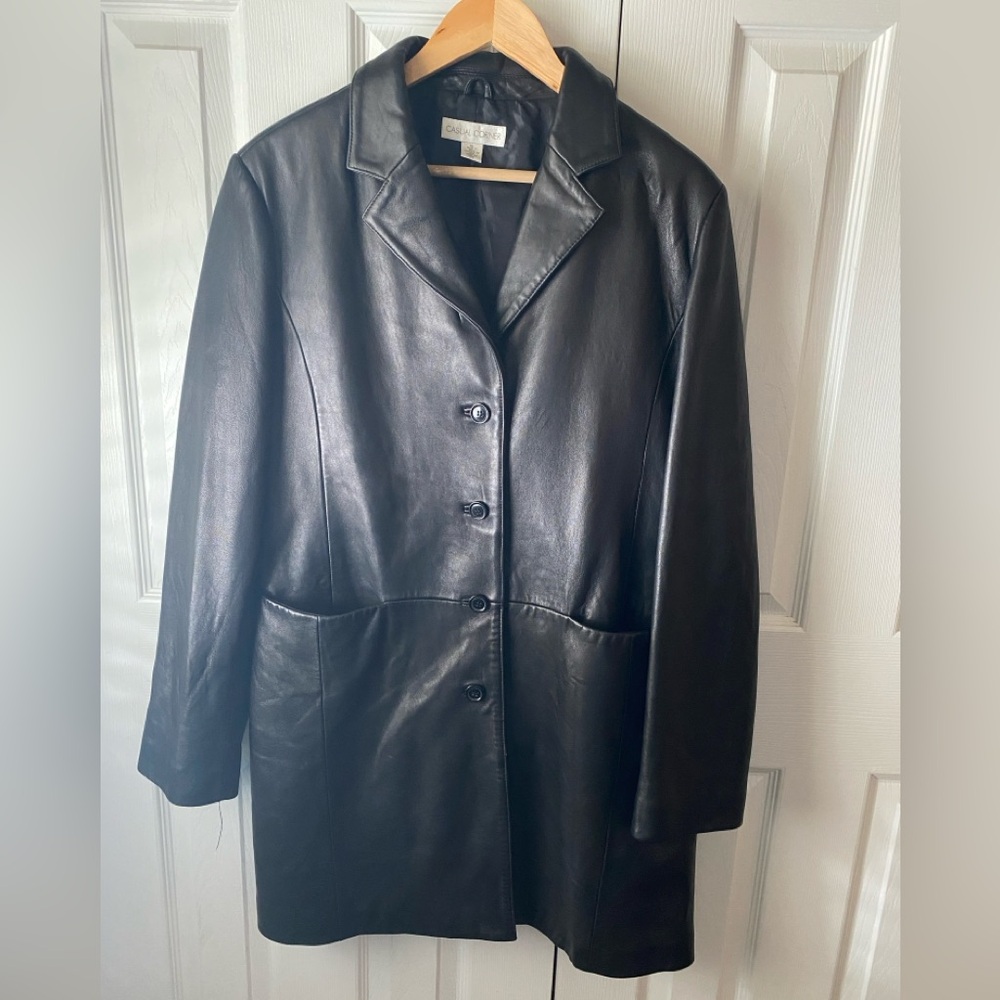 CASUAL CORNER Black Leather Classy Button Front Coat SZ XL